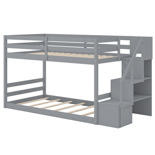Twin Over Twin Low Bunk Bed with Storage Stairs Solid Wood Floor Bunk Bed Frame, Gray