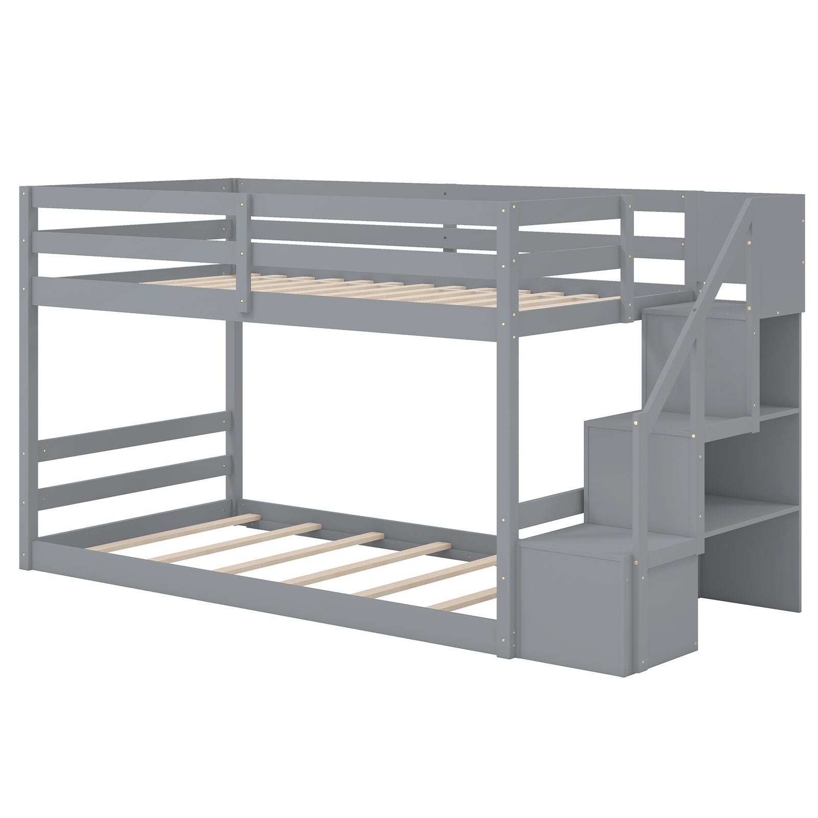 Twin Over Twin Low Bunk Bed with Storage Stairs Solid Wood Floor Bunk Bed Frame, Gray Bunk Bed Frame at Gallery Canada