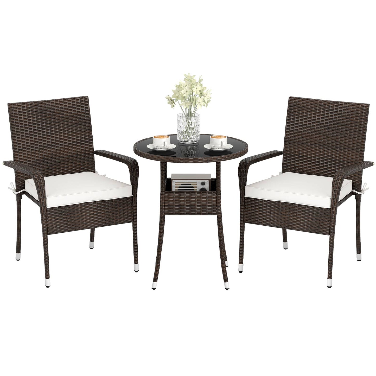3-Piece Patio Furniture Set PE Rattan Wicker Chairs with Tempered Glass Top Table, White Patio Conversation Sets at Gallery Canada