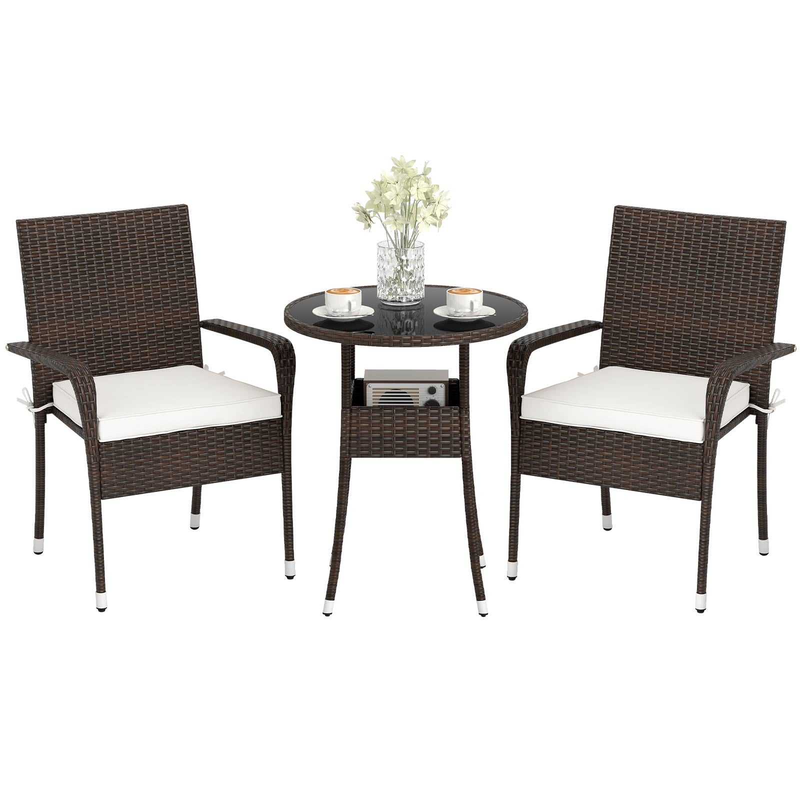 3-Piece Patio Furniture Set PE Rattan Wicker Chairs with Tempered Glass Top Table, White Patio Conversation Sets at Gallery Canada