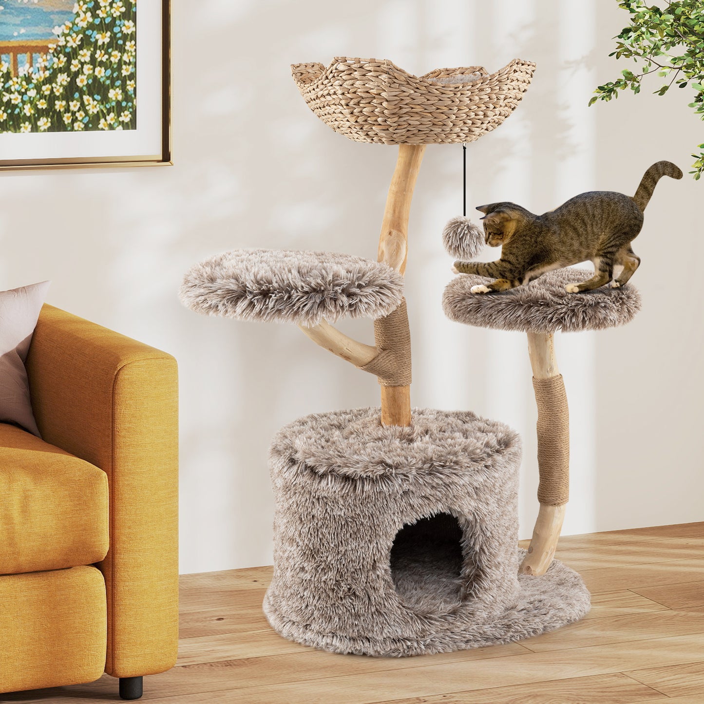 Wood Cat Tree Solid Pear Cat Tree with Perch and Sisal Scratching Posts, Brown Cat Trees Condos & Scratchers at Gallery Canada