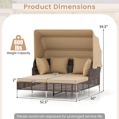 Outdoor Daybed with Retractable Canopy PE Wicker Rattan Patio Lounger, Brown Outdoor Chaise Lounges at Gallery Canada