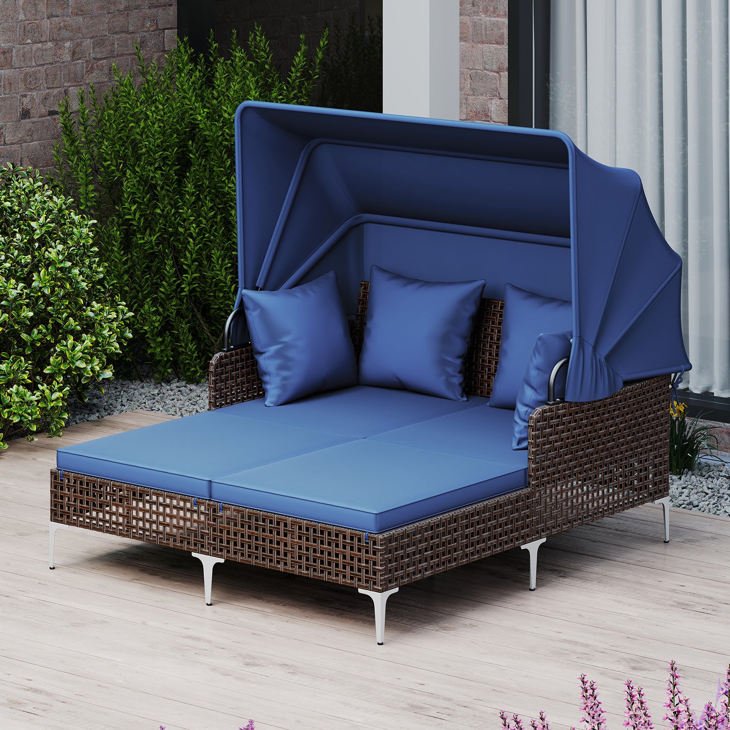 Outdoor Daybed with Retractable Canopy PE Wicker Rattan Patio Lounger, Navy Outdoor Chaise Lounges at Gallery Canada