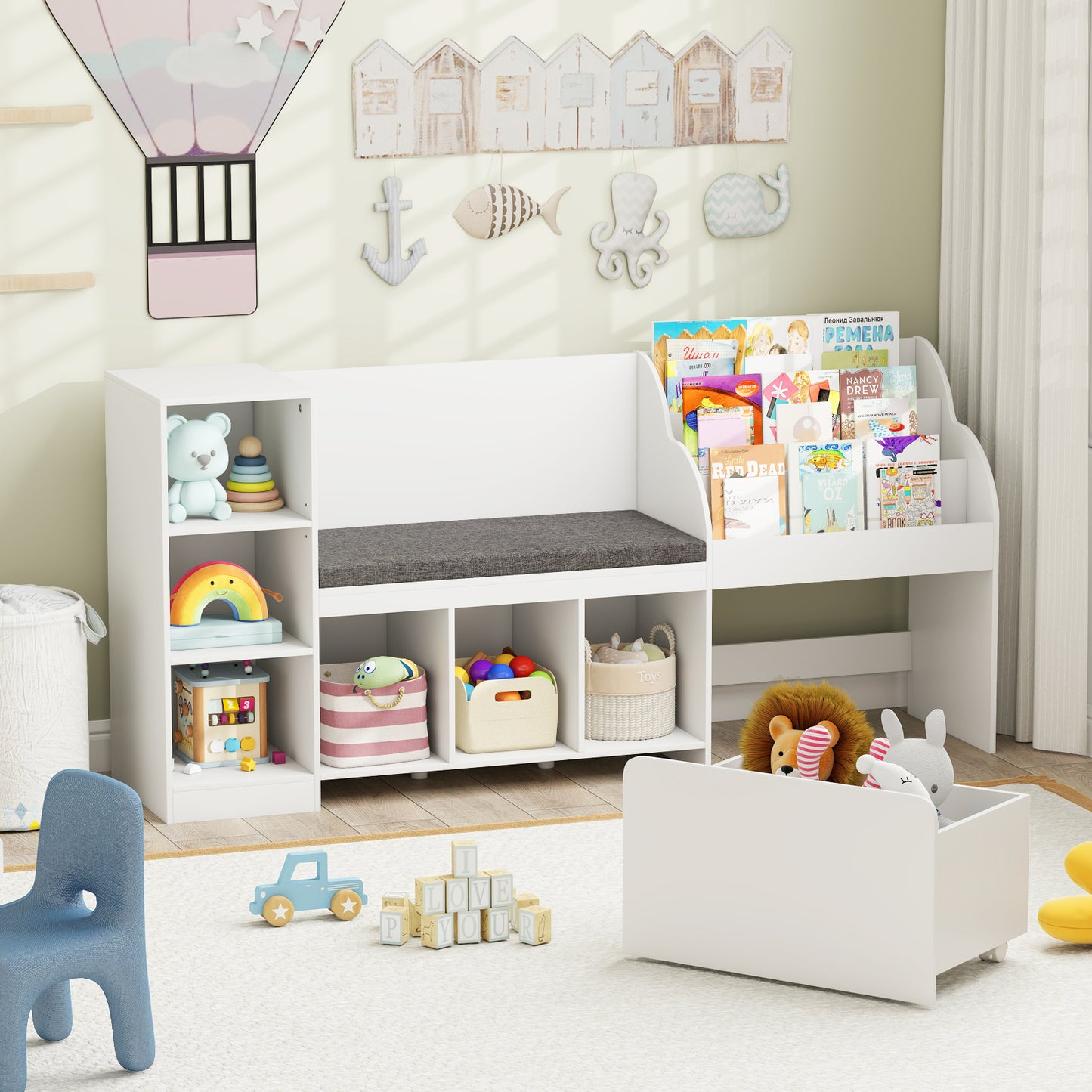 Kids Bookcase with Reading Nook 4-in-1 Standing Toy Organizer, White Kids Storage at Gallery Canada