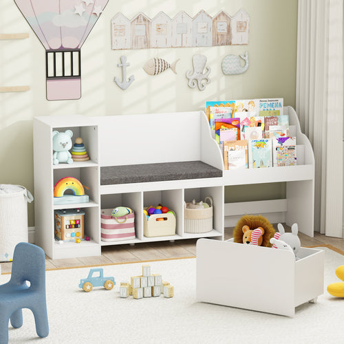 Kids Bookcase with Reading Nook 4-in-1 Standing Toy Organizer, White