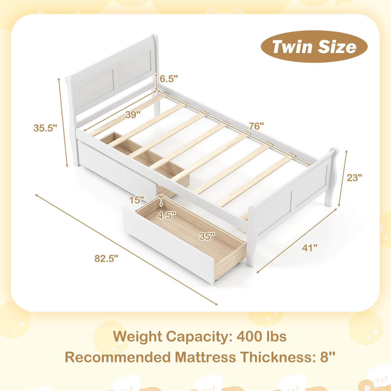 Twin Size Sleigh Bed with 2 Storage Drawers Wood Platform Bed Frame, White Simple Bed Frame at Gallery Canada