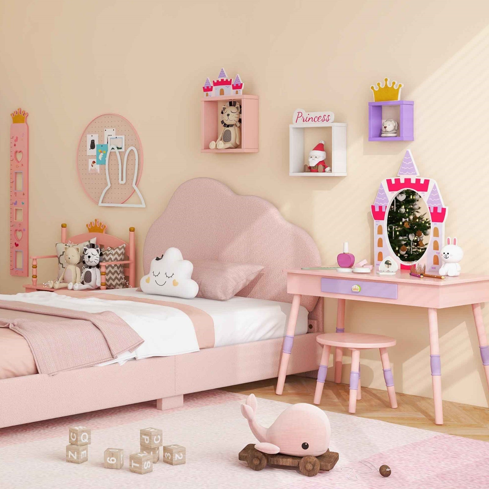 5 Pieces Kids' Room Bundle: Twin Bed Frame Wardrobe Closet Vanity Table and Stool Set Toddler & Kids Furniture at Gallery Canada