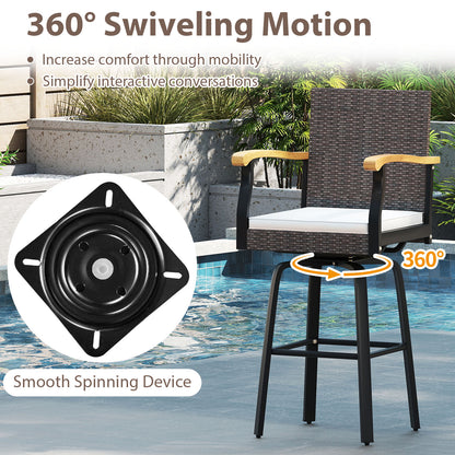 Outdoor 360° Swivel Bar Stool With Cushion, Acacia Wood Armrests, Brown Patio Bar Furniture at Gallery Canada