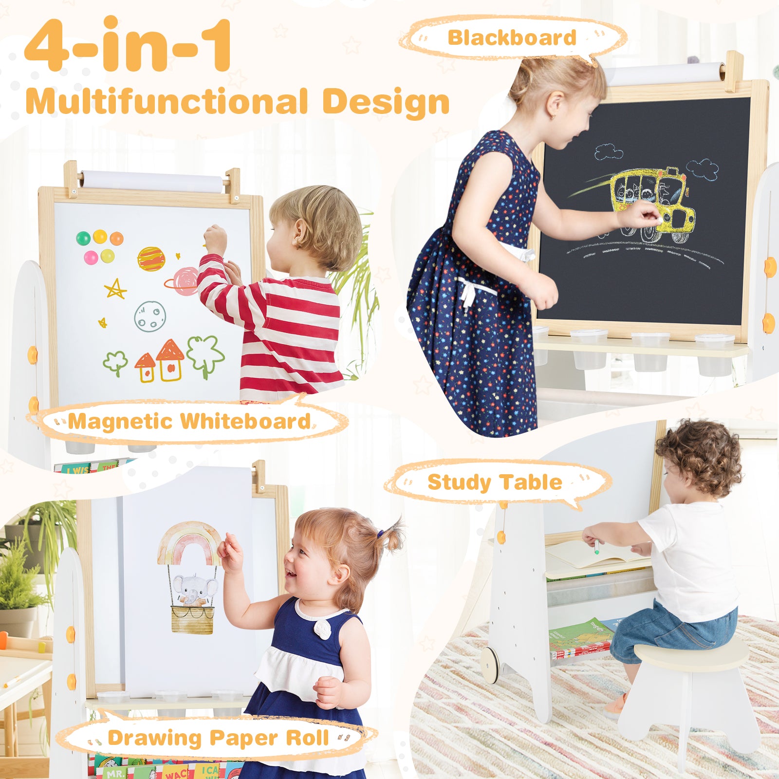 4-in-1 Toddler Activity Table Set with Magnetic Whiteboard and Chalk Board, Natural Art Easels at Gallery Canada