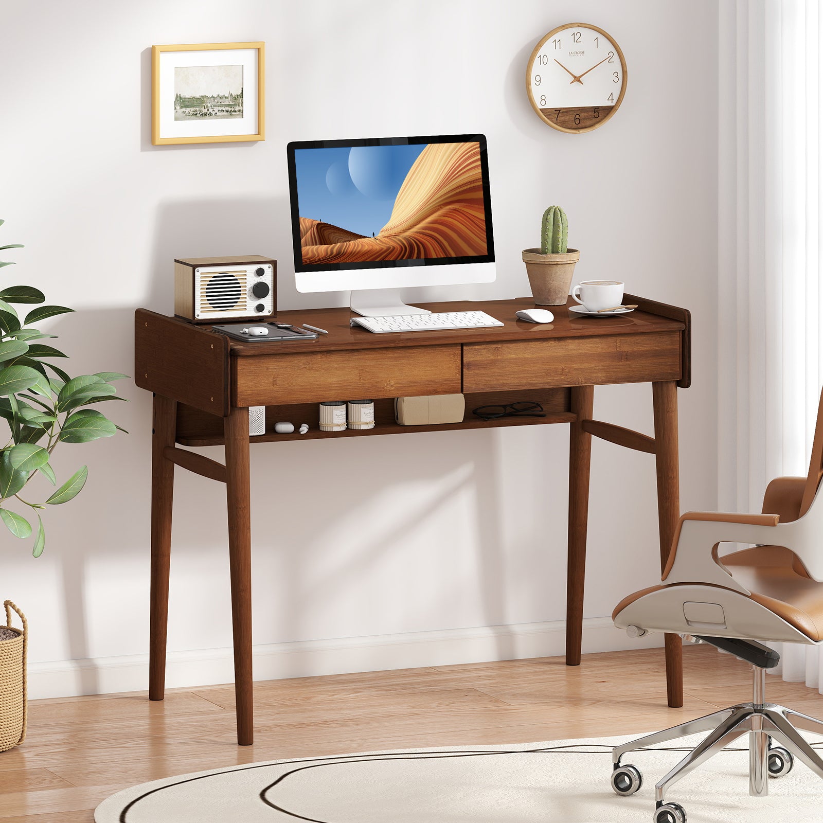 Bamboo Writing Desk With 2 Drawers, Open Shelf, Walnut Writing Desks at Gallery Canada