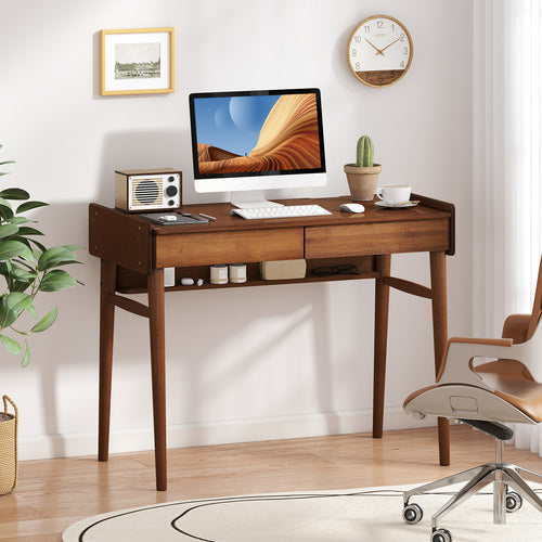 Bamboo Writing Desk With 2 Drawers, Open Shelf, Walnut