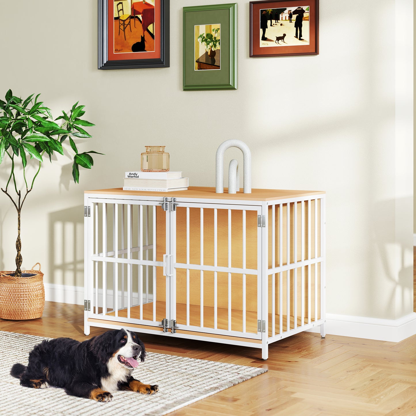 40 Inch Dog Crate Furniture Dog Kennel with Dual Lockable Double Doors, Natural Dog Kennels at Gallery Canada