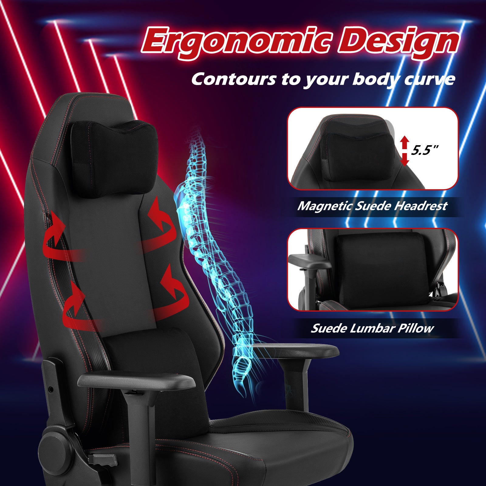 Ergonomic High Back Computer Chair with Magnetic Headrest and Lumbar Pillow, Black Gaming Chairs at Gallery Canada