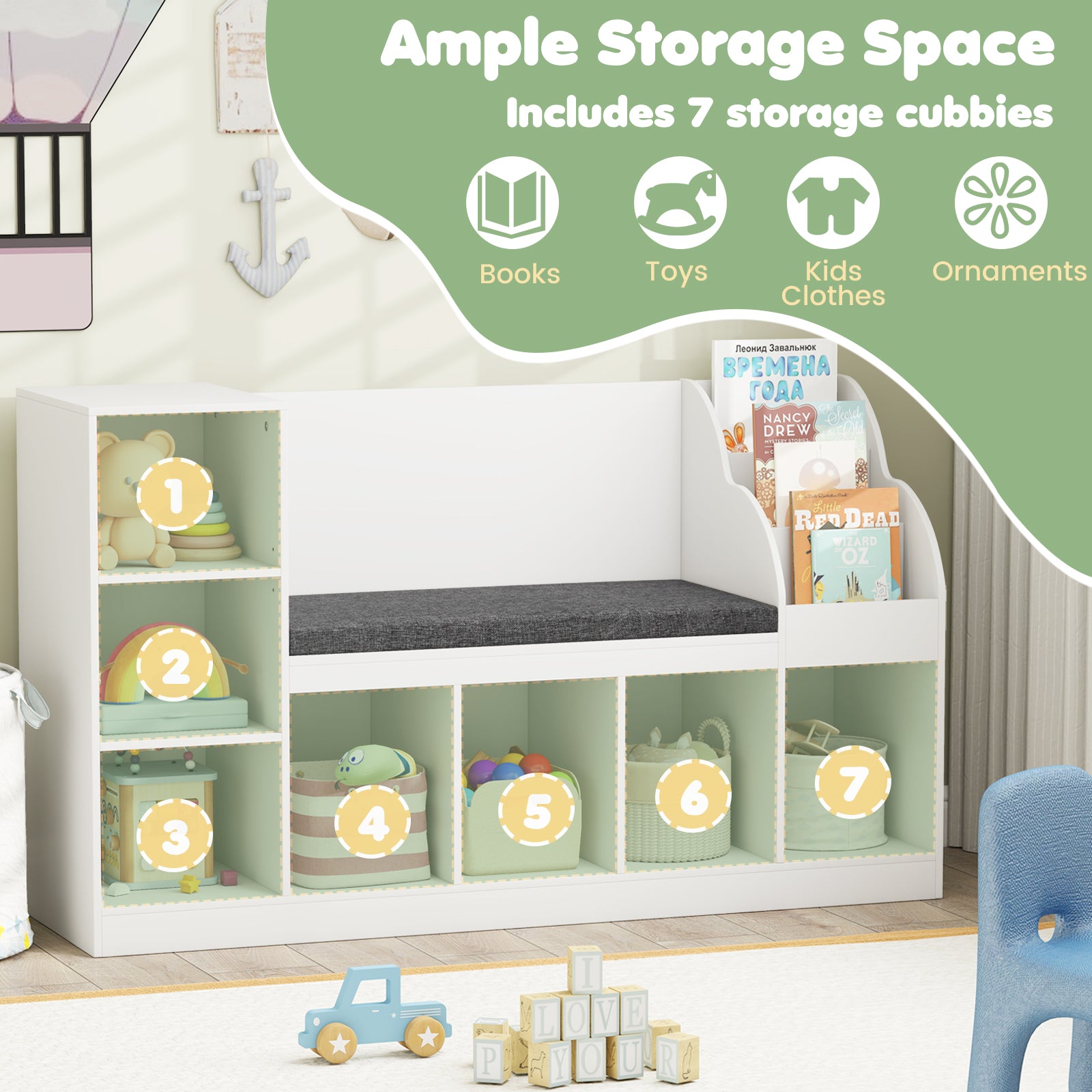Kids Bookcase with Reading Nook 3-in-1 Standing Toy Organizer, White Kids Storage at Gallery Canada