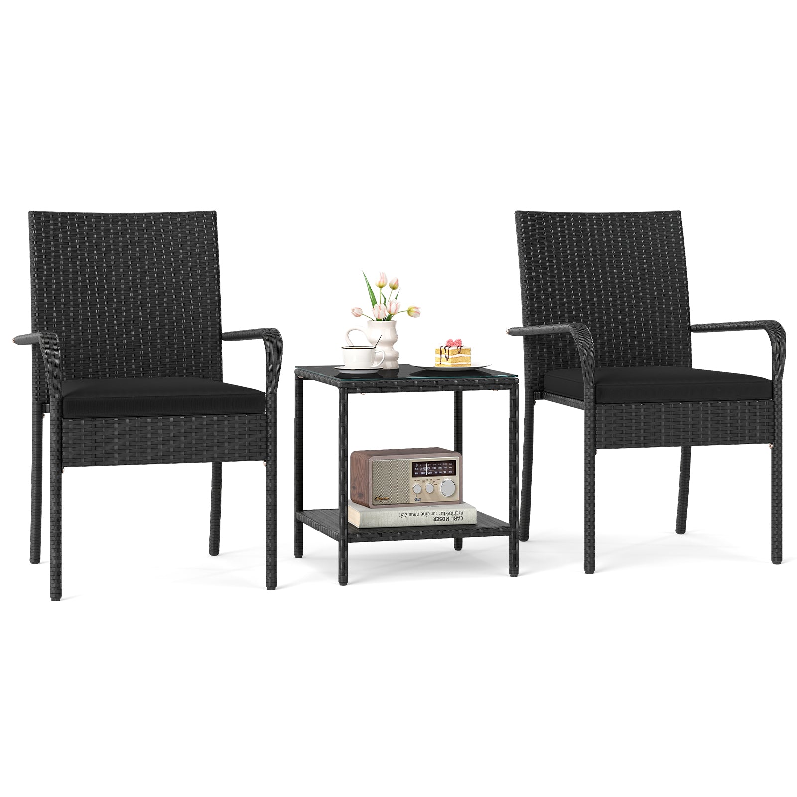 3 Piece Patio Furniture Set with Seat Cushions and Tempered Glass Tabletop, Black Patio Conversation Sets at Gallery Canada