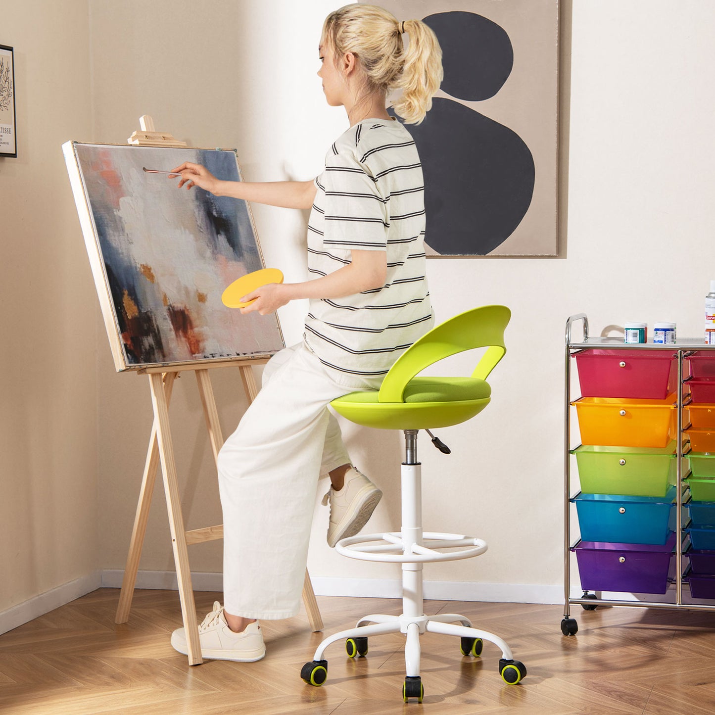 Drafting Stool Rolling Tall Desk Chair with Wheels, Green Armless Chairs at Gallery Canada