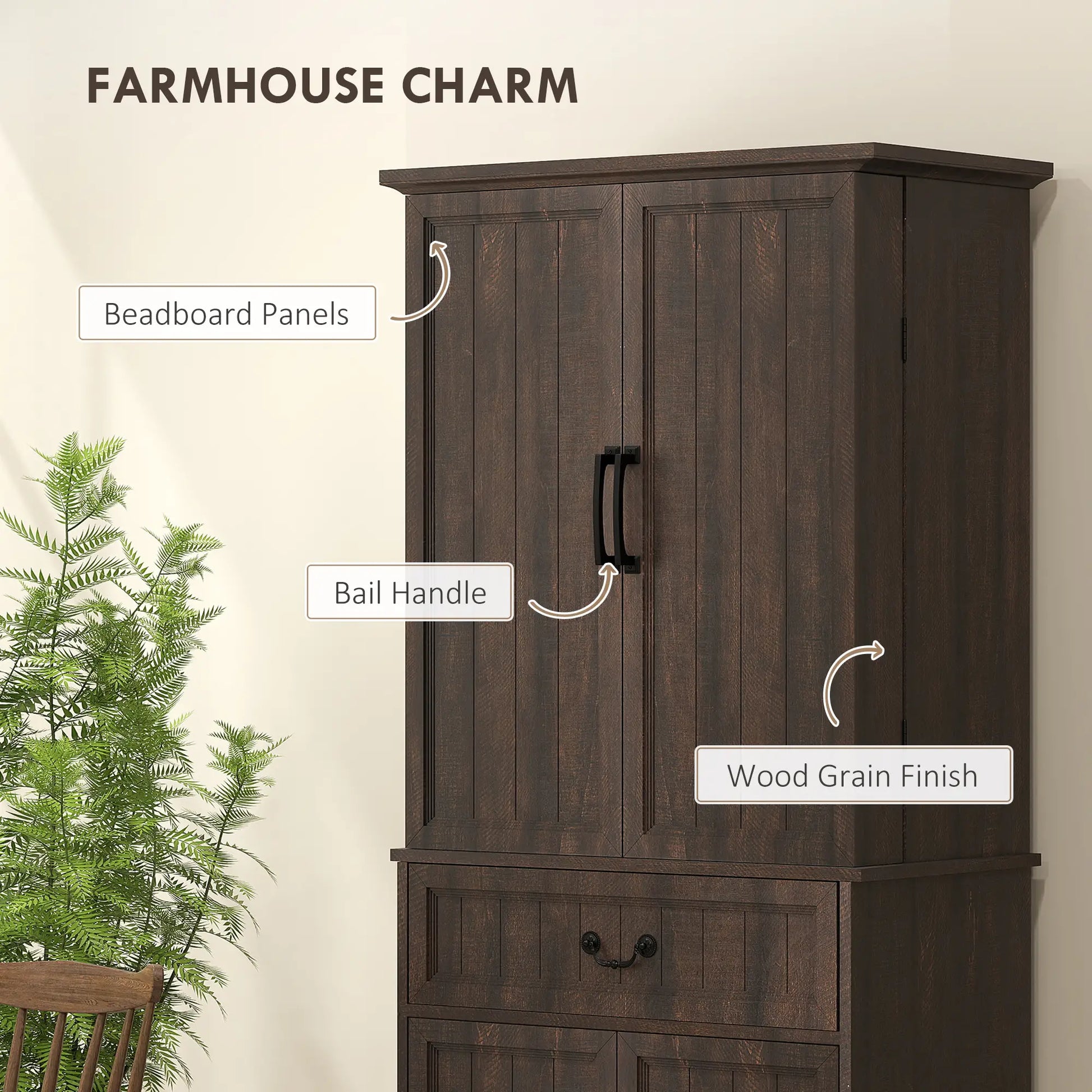 71" LED Kitchen Pantry Cabinet, Farmhouse Storage, Distressed Brown, Brown Kitchen Pantry Cabinets at Gallery Canada