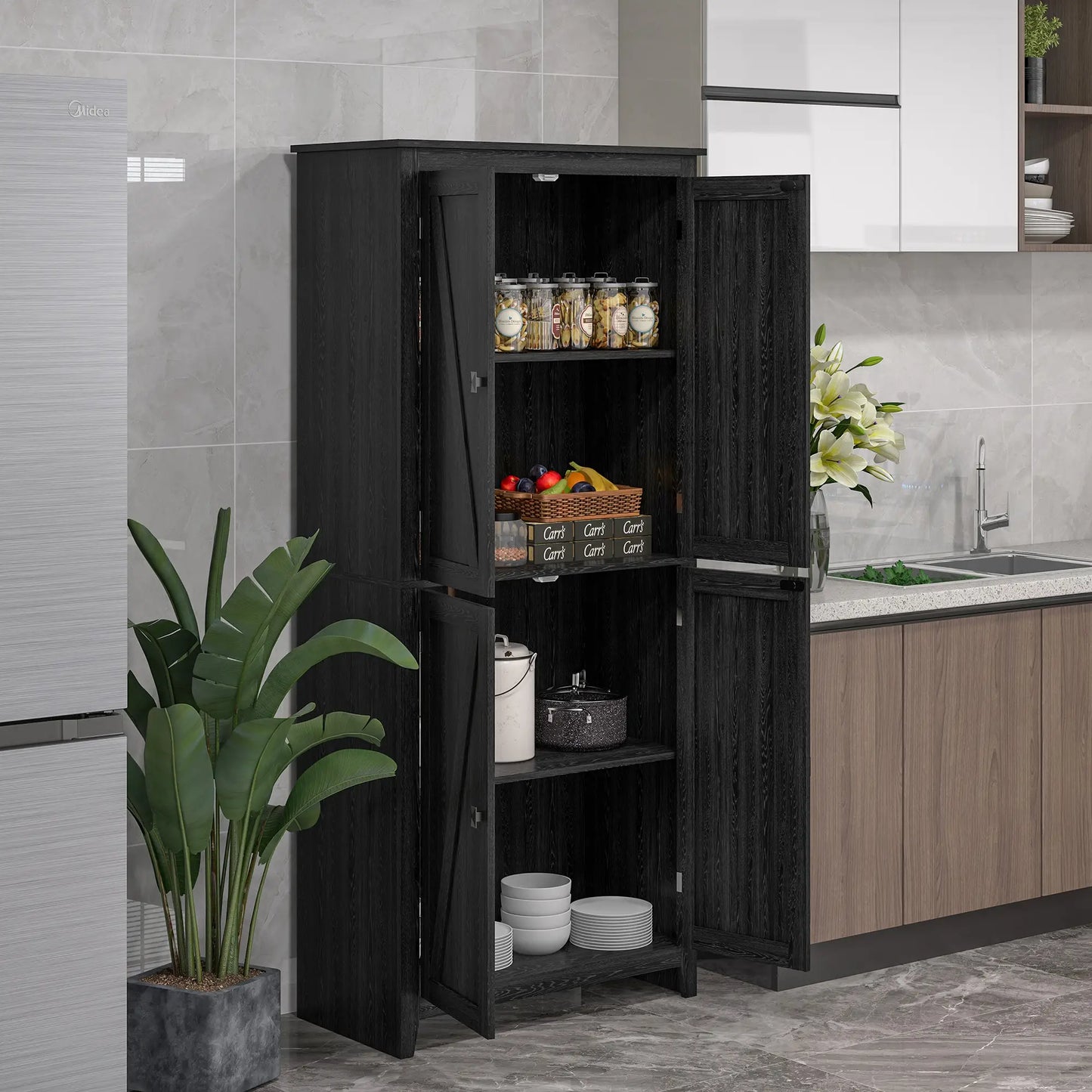 72" Freestanding Storage Cabinet, Kitchen Pantry with Doors, Shelves, Black Kitchen Pantry Cabinets at Gallery Canada