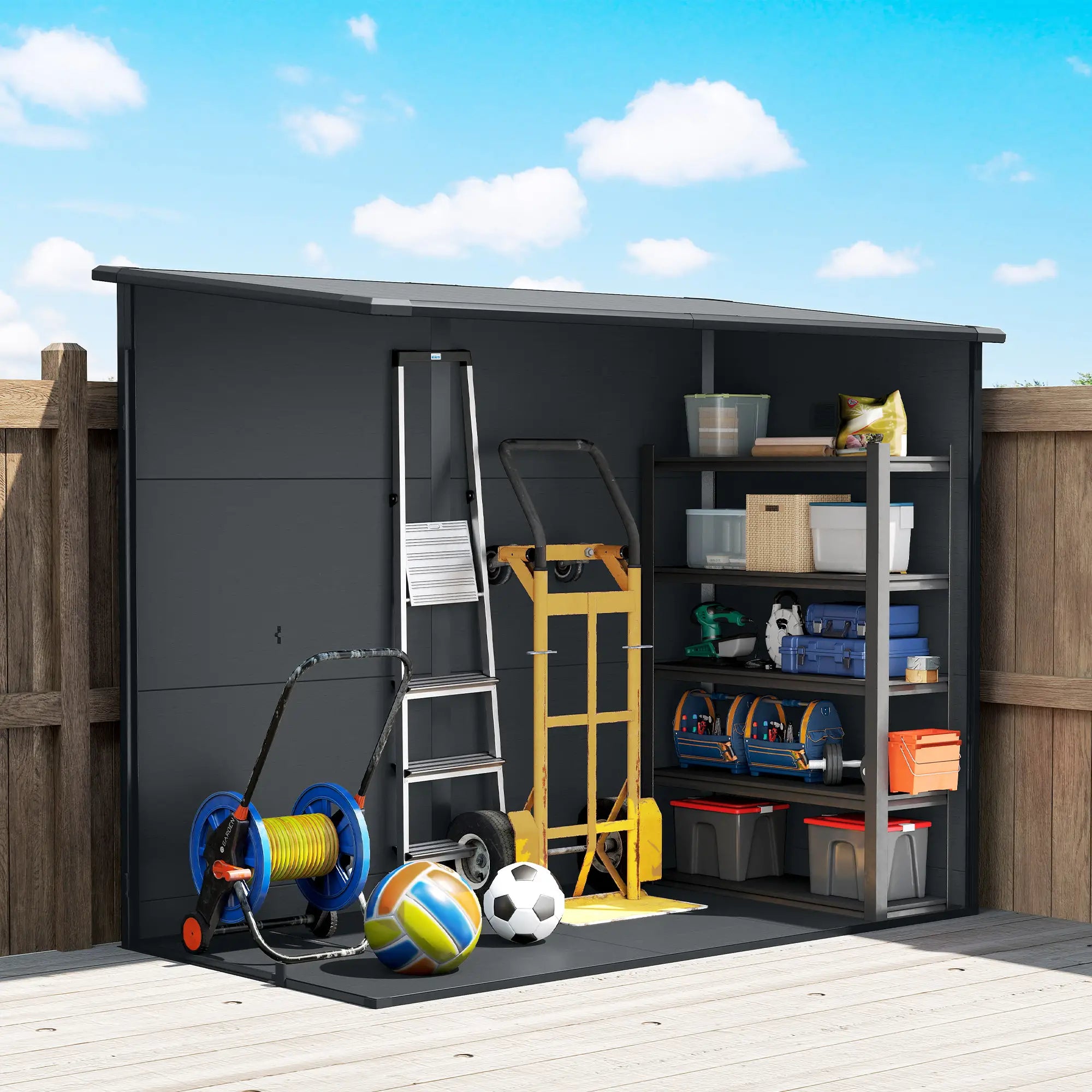 4.3' x 8' Dark Grey Outdoor Storage Shed With Floor, Lockable Doors, Dark Grey Sheds at Gallery Canada