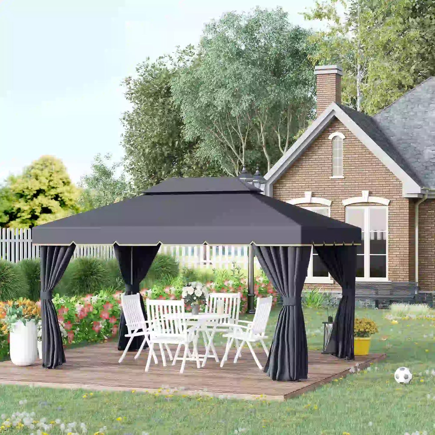 13' x 10' Outdoor Gazebo, 2-Tier Polyester Roof, Vented Mesh, Black Gazebos at Gallery Canada