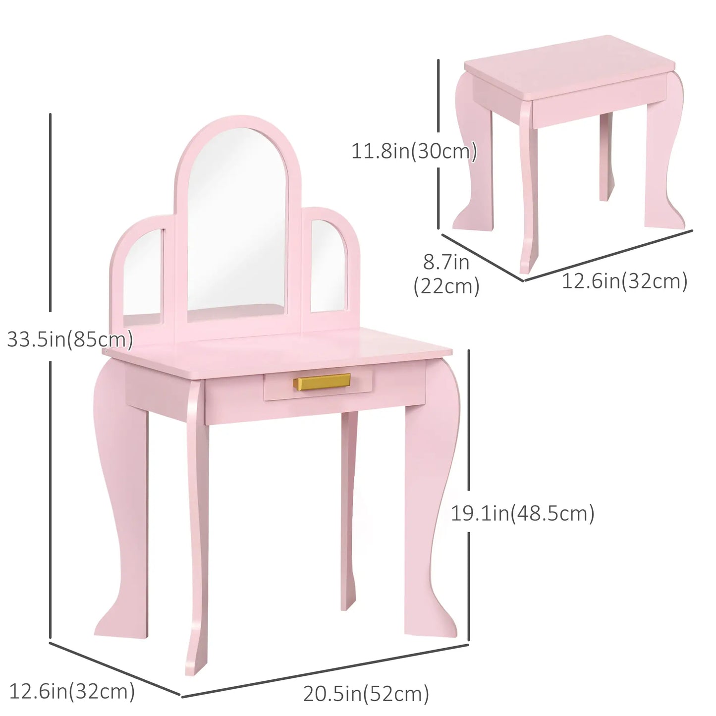 Kids Dressing Table and Chair Set, Makeup Desk with Drawer, 3-6 Years, Pink Kids Bedroom Furniture at Gallery Canada