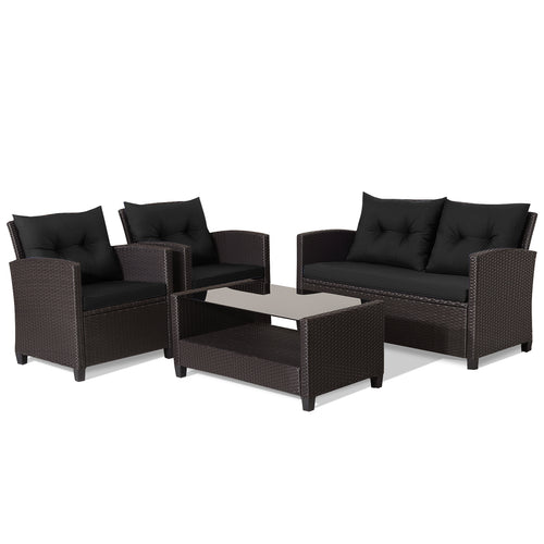 4 Piece Patio Rattan Furniture Set, Tempered Glass Table, Black Brown