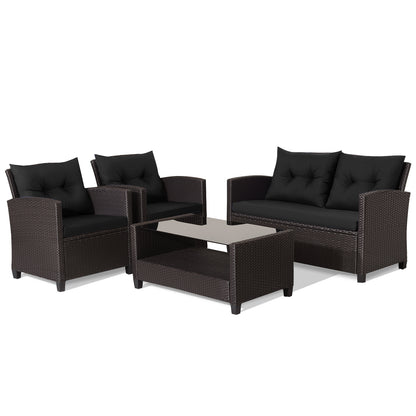 4 Piece Rattan Patio Furniture Set, Tempered Glass Coffee Table, Black Patio Conversation Sets at Gallery Canada