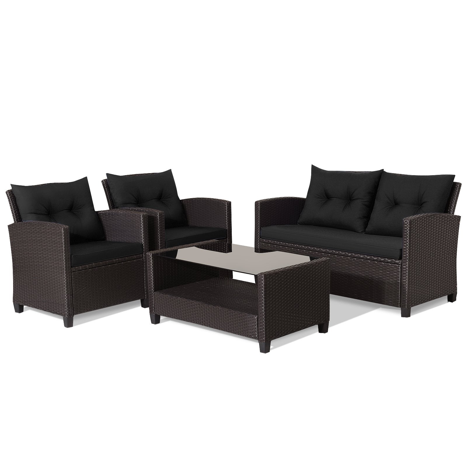 4 Pieces Patio Rattan Furniture Set with Tempered Glass Coffee Table, Black Patio Conversation Sets at Gallery Canada