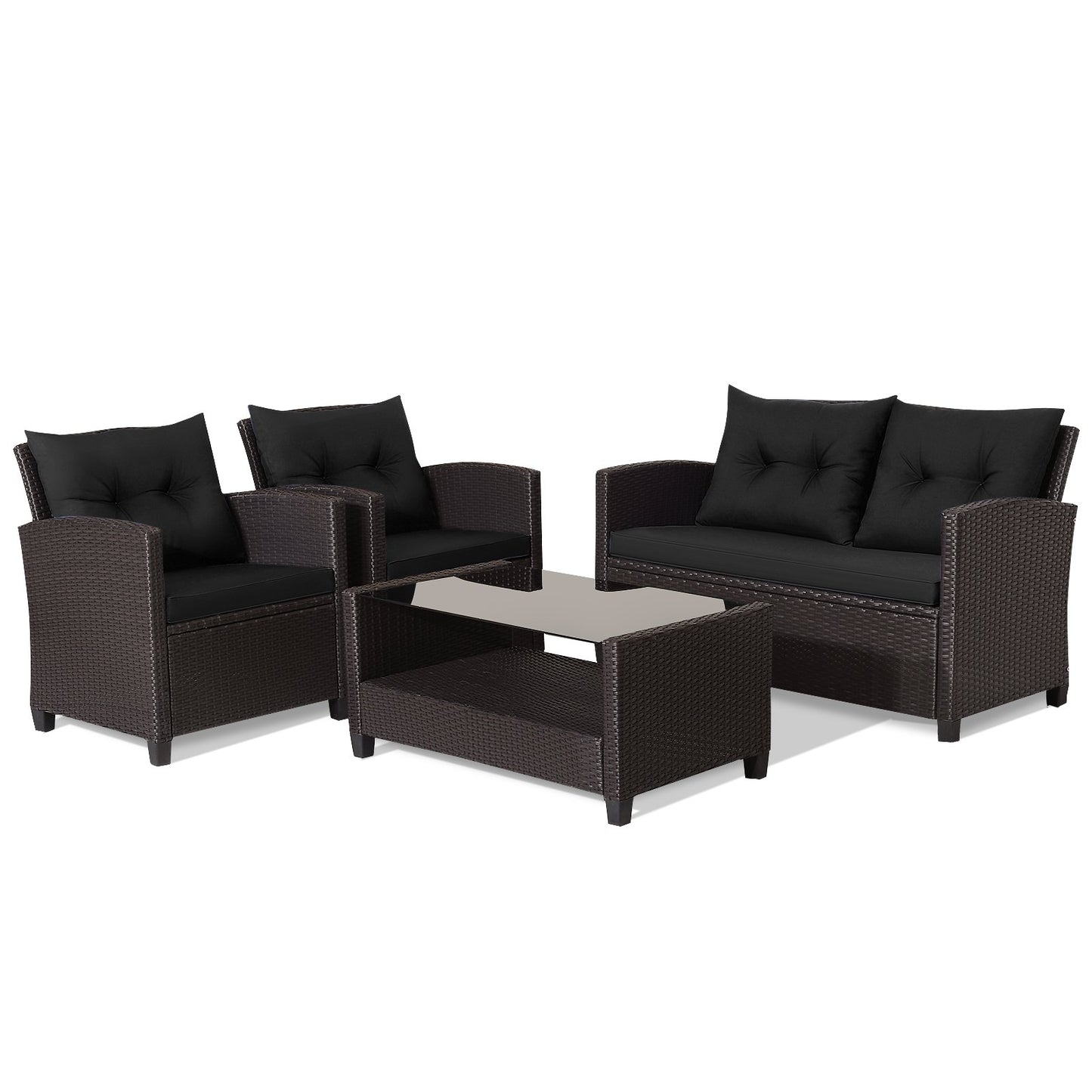4 Pieces Patio Rattan Furniture Set with Tempered Glass Coffee Table, Black Patio Conversation Sets at Gallery Canada