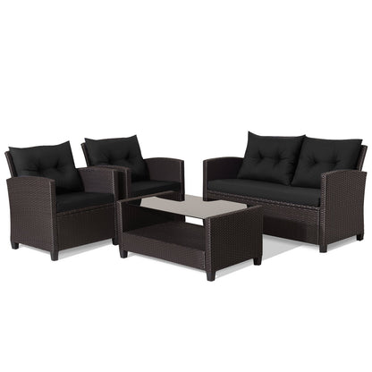4 Pieces Patio Rattan Furniture Set with Tempered Glass Coffee Table, Black Patio Conversation Sets at Gallery Canada