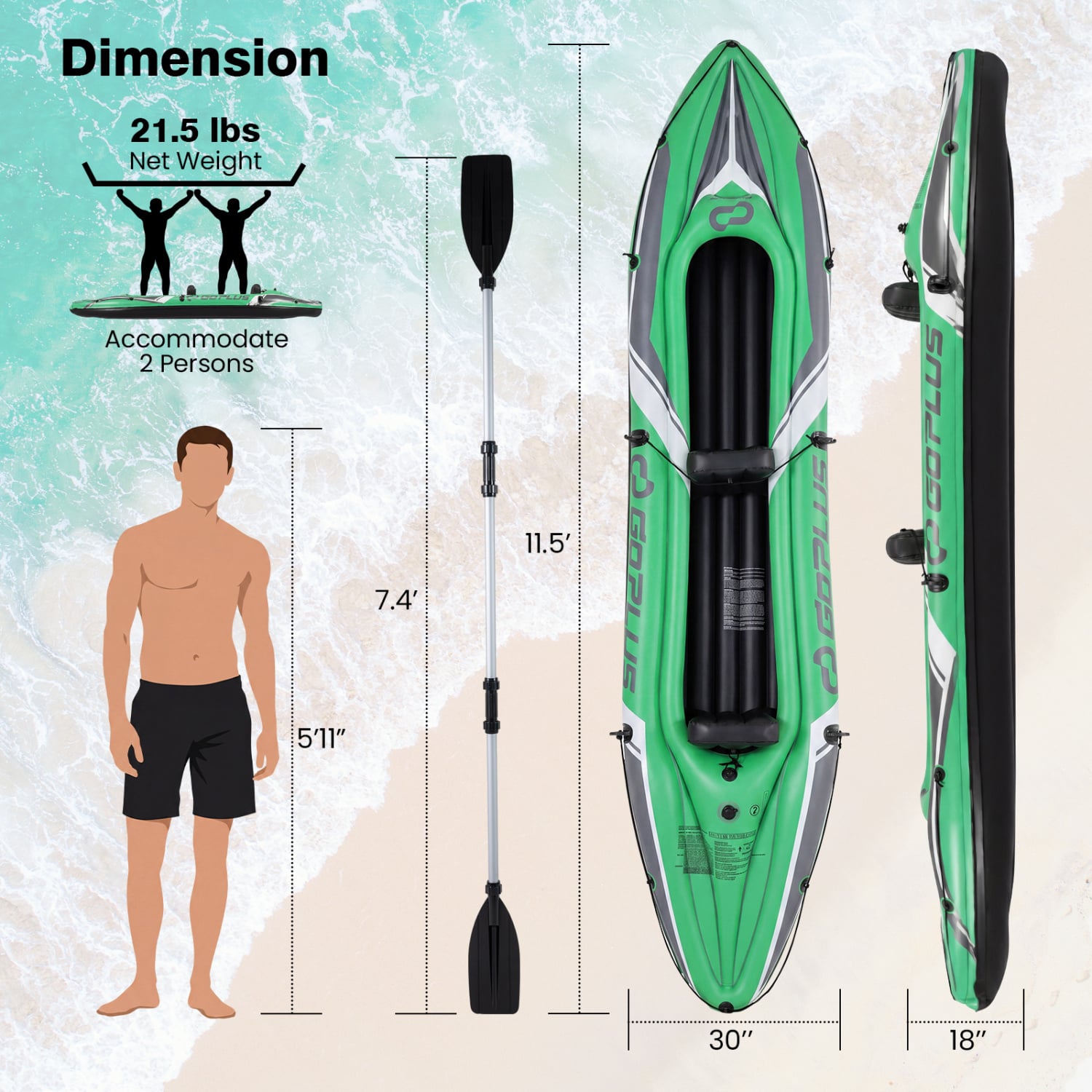 11.5 Feet Inflatable Kayak 2 Person Heavy Duty with Aluminum Paddles, Green Water Sports at Gallery Canada