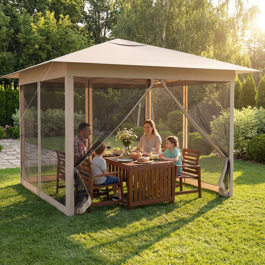 11.5 x 11.5 FT Pop-up Canopy With Mesh Screen, Beige Canopies Beige at Gallery Canada