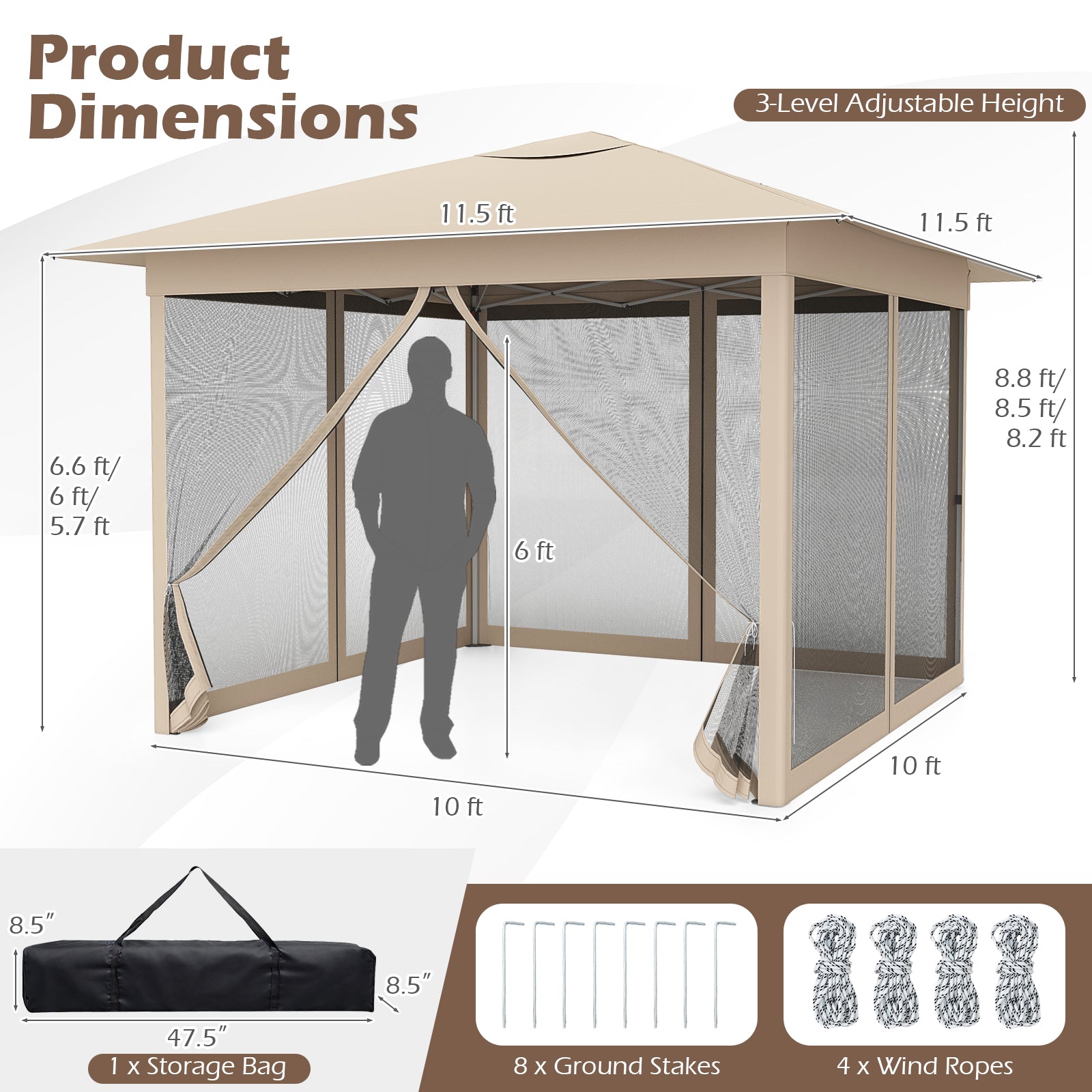 11.5 x 11.5 FT Pop-up Canopy With Mesh Screen, Beige Canopies at Gallery Canada