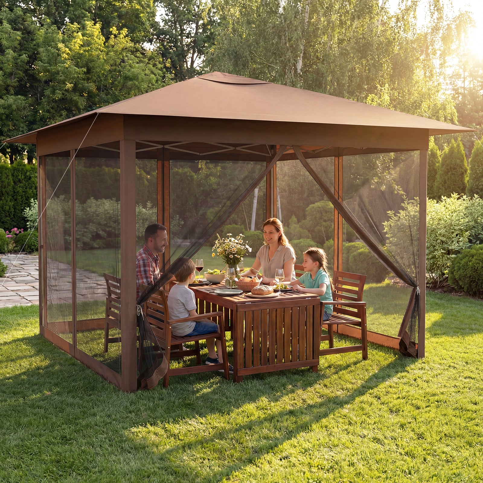 11.5 X 11.5 FT Pop-Up Canopy With Mesh Screen, Brown Canopies at Gallery Canada