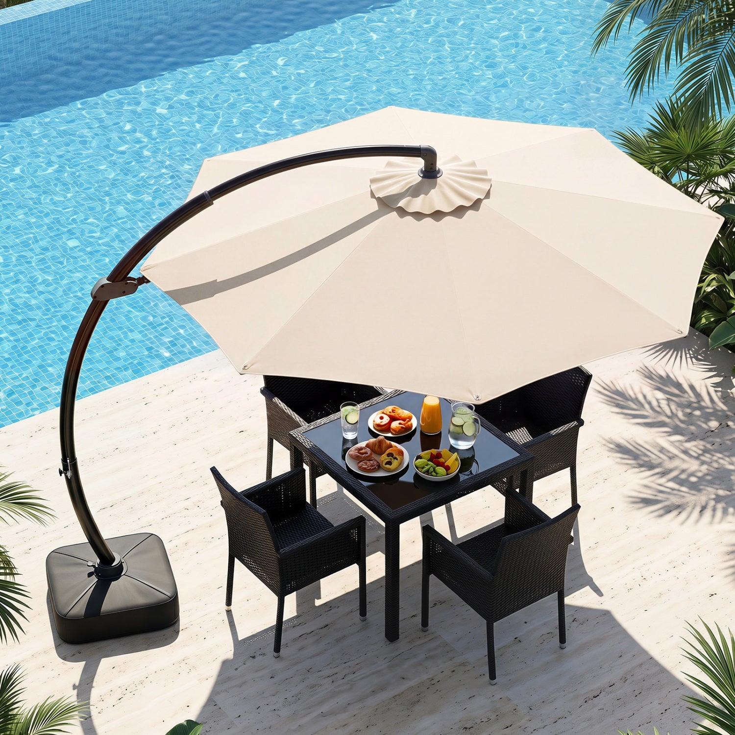 11 FT Cantilever Patio Umbrella with Base with 360° Rotation and Tilt Adjustment, Beige Outdoor Umbrellas at Gallery Canada