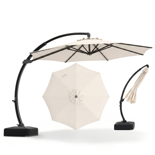 11 FT Cantilever Patio Umbrella with Base with 360° Rotation and Tilt Adjustment, Beige Outdoor Umbrellas Beige at Gallery Canada