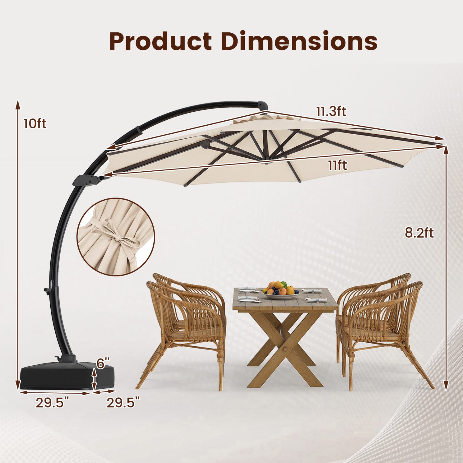 11 FT Cantilever Patio Umbrella with Base with 360° Rotation and Tilt Adjustment, Beige Outdoor Umbrellas at Gallery Canada