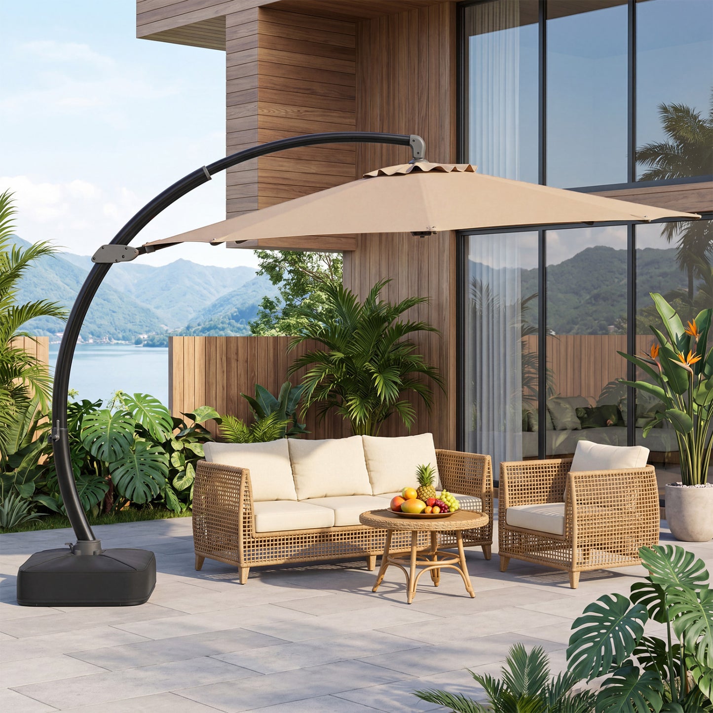 11 FT Cantilever Patio Umbrella with Base with 360° Rotation and Tilt Adjustment, Brown Outdoor Umbrellas at Gallery Canada