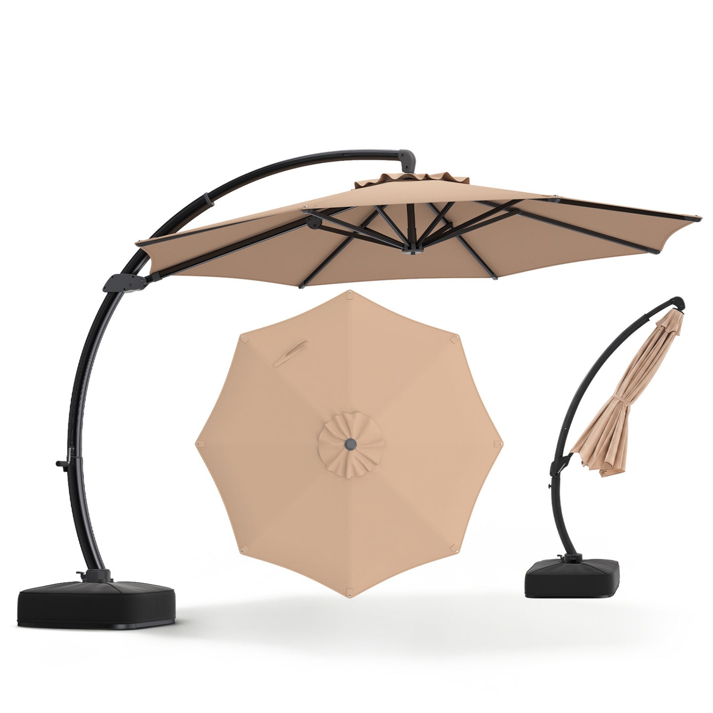 11 FT Cantilever Patio Umbrella with Base with 360° Rotation and Tilt Adjustment, Brown Outdoor Umbrellas Brown at Gallery Canada