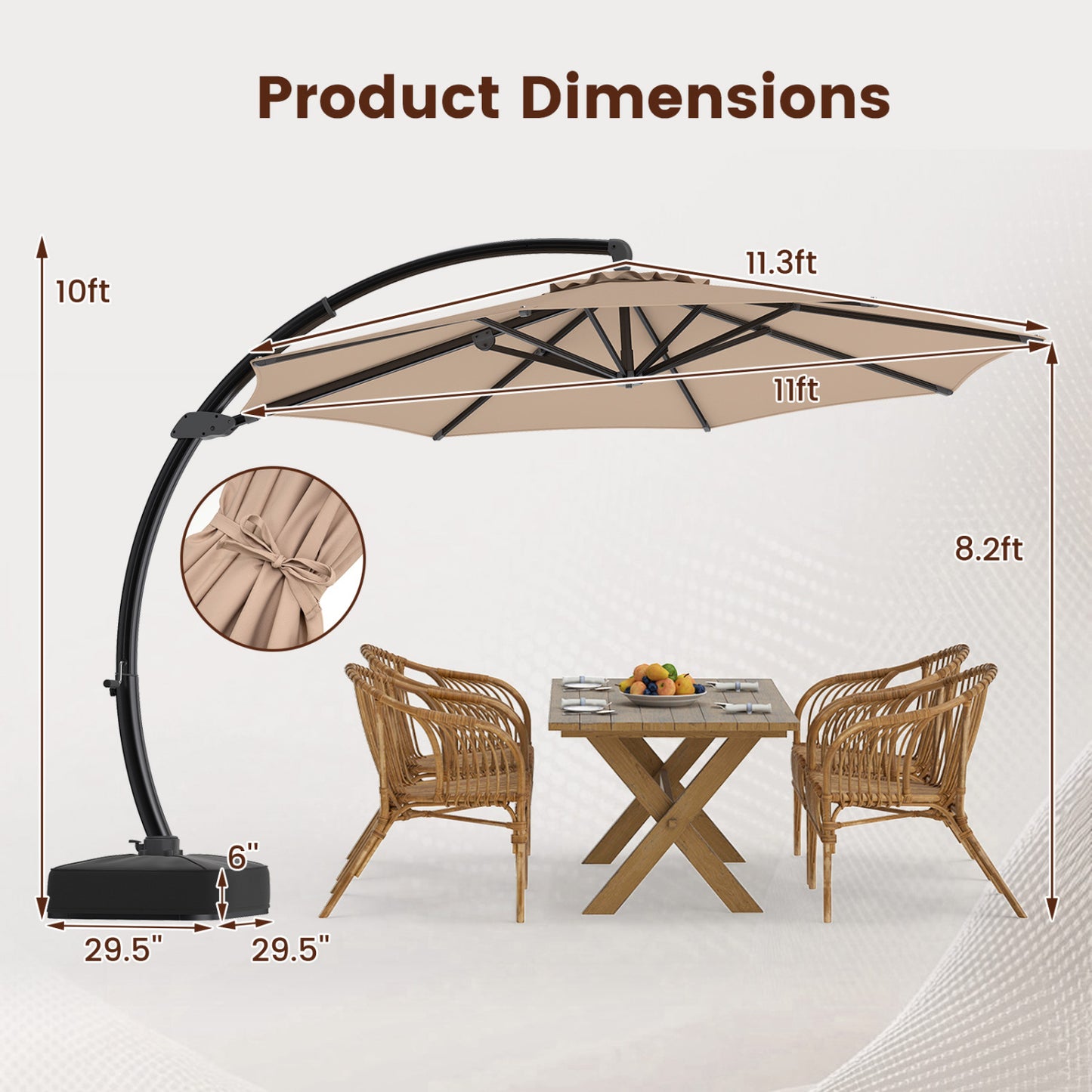11 FT Cantilever Patio Umbrella with Base with 360° Rotation and Tilt Adjustment, Brown Outdoor Umbrellas at Gallery Canada