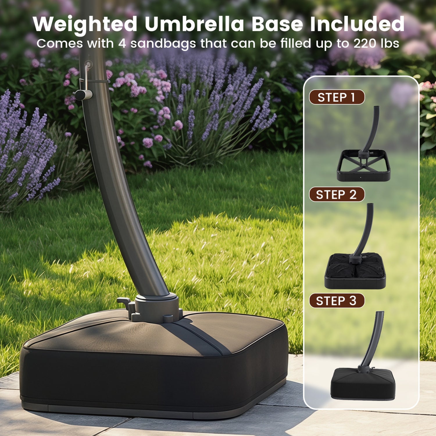 11 FT Cantilever Patio Umbrella with Base with 360° Rotation and Tilt Adjustment, Brown Outdoor Umbrellas at Gallery Canada