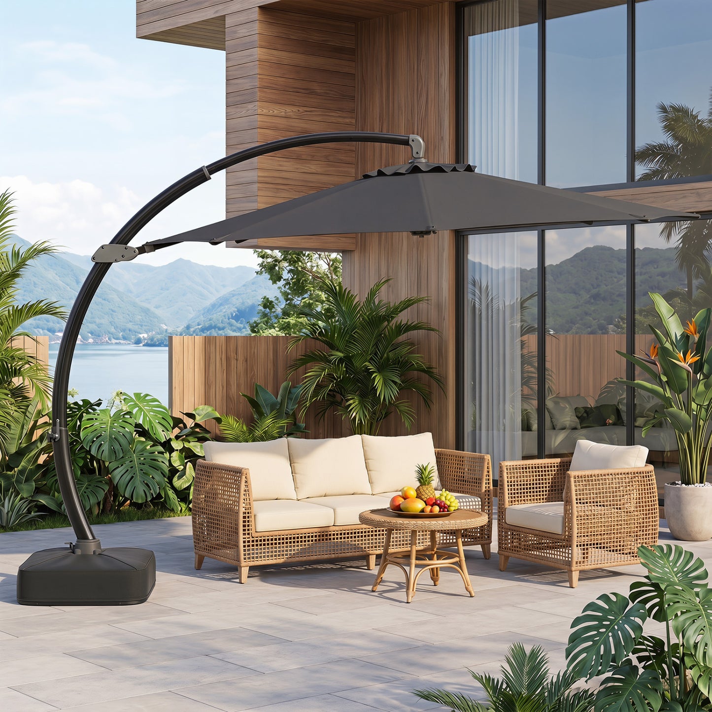 11 FT Cantilever Patio Umbrella with Base with 360° Rotation and Tilt Adjustment, Gray Outdoor Umbrellas at Gallery Canada