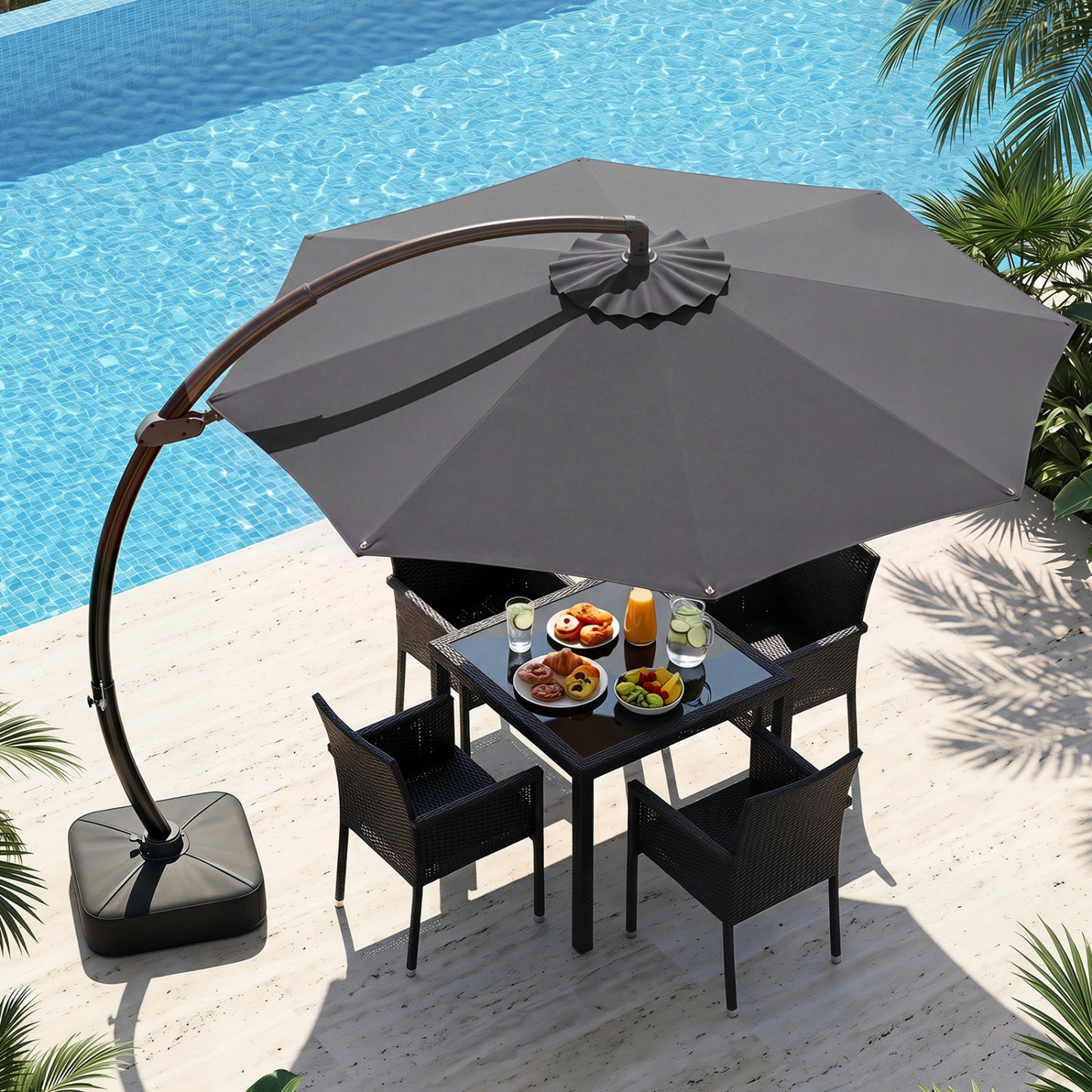 11 FT Cantilever Patio Umbrella with Base with 360° Rotation and Tilt Adjustment, Gray Outdoor Umbrellas at Gallery Canada