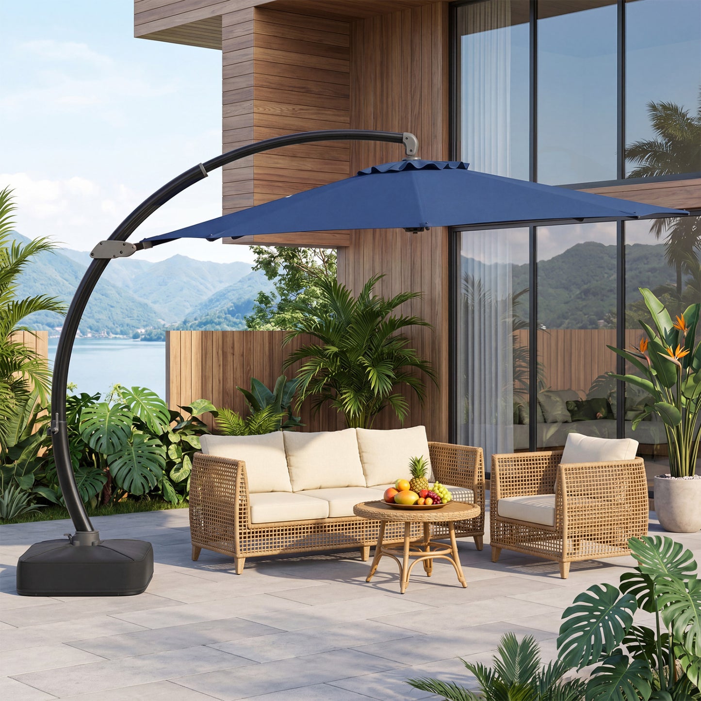 11 FT Cantilever Patio Umbrella with Base with 360° Rotation and Tilt Adjustment, Navy Outdoor Umbrellas at Gallery Canada