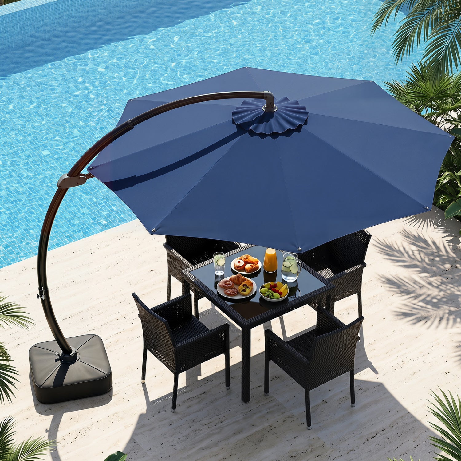 11 FT Cantilever Patio Umbrella with Base with 360° Rotation and Tilt Adjustment, Navy Outdoor Umbrellas at Gallery Canada