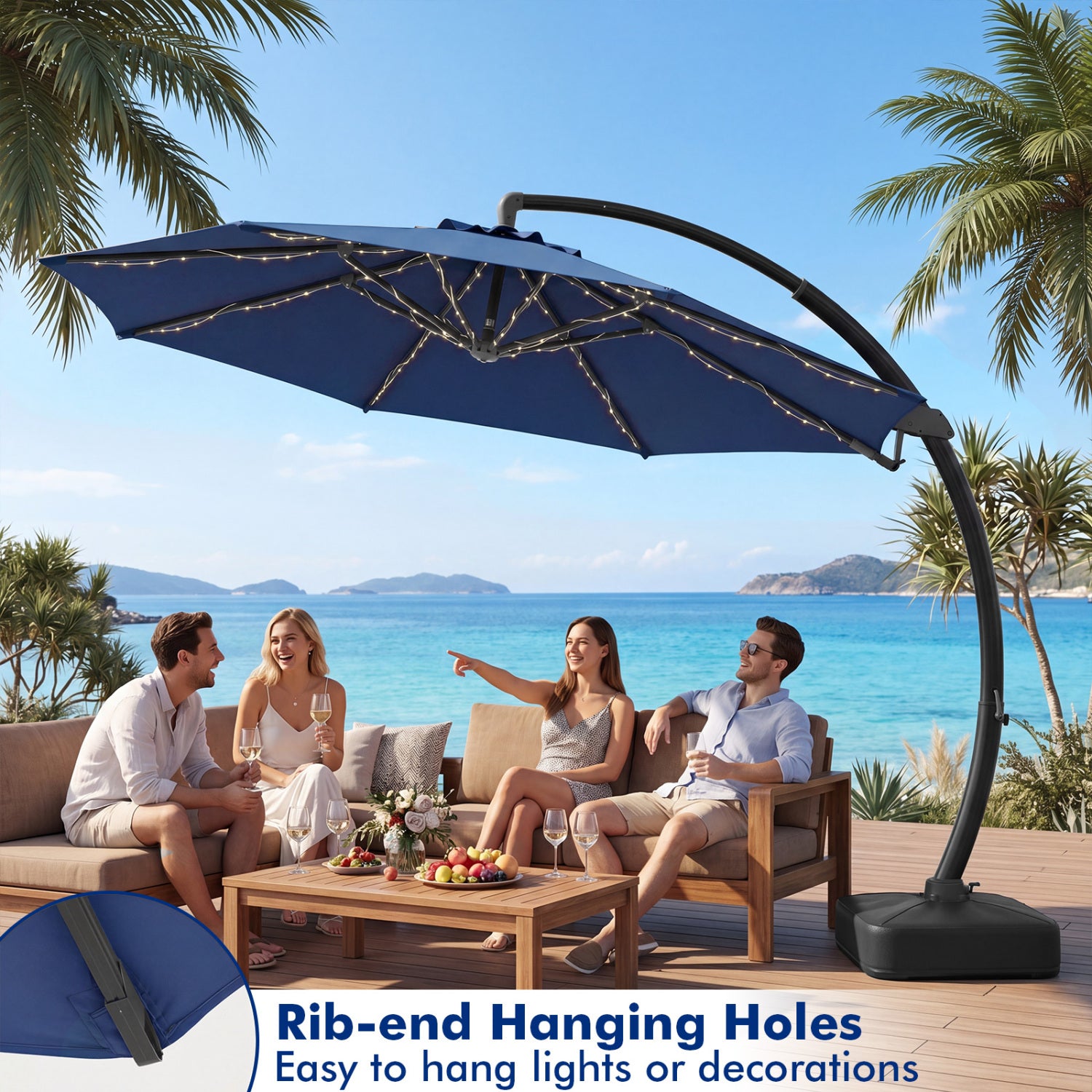 11 FT Cantilever Patio Umbrella with Base with 360° Rotation and Tilt Adjustment, Navy Outdoor Umbrellas at Gallery Canada