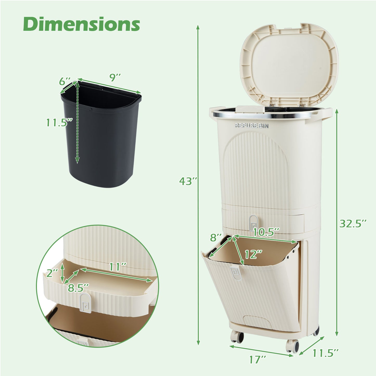 11 Gallon 3-Layer Kitchen Trash Can with Lid and 2 Removable Buckets, Beige Kitchen Trash Cans at Gallery Canada