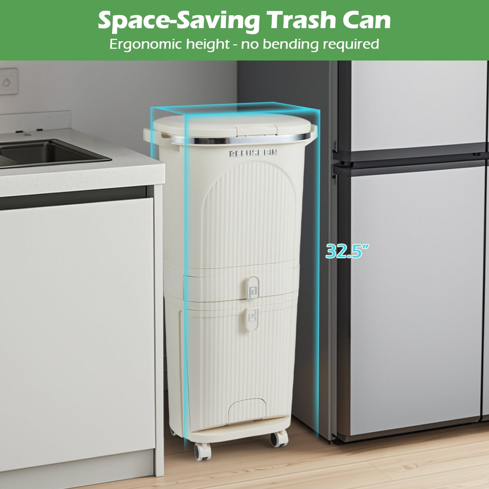 11 Gallon 3-Layer Kitchen Trash Can with Lid and 2 Removable Buckets, Beige Kitchen Trash Cans at Gallery Canada