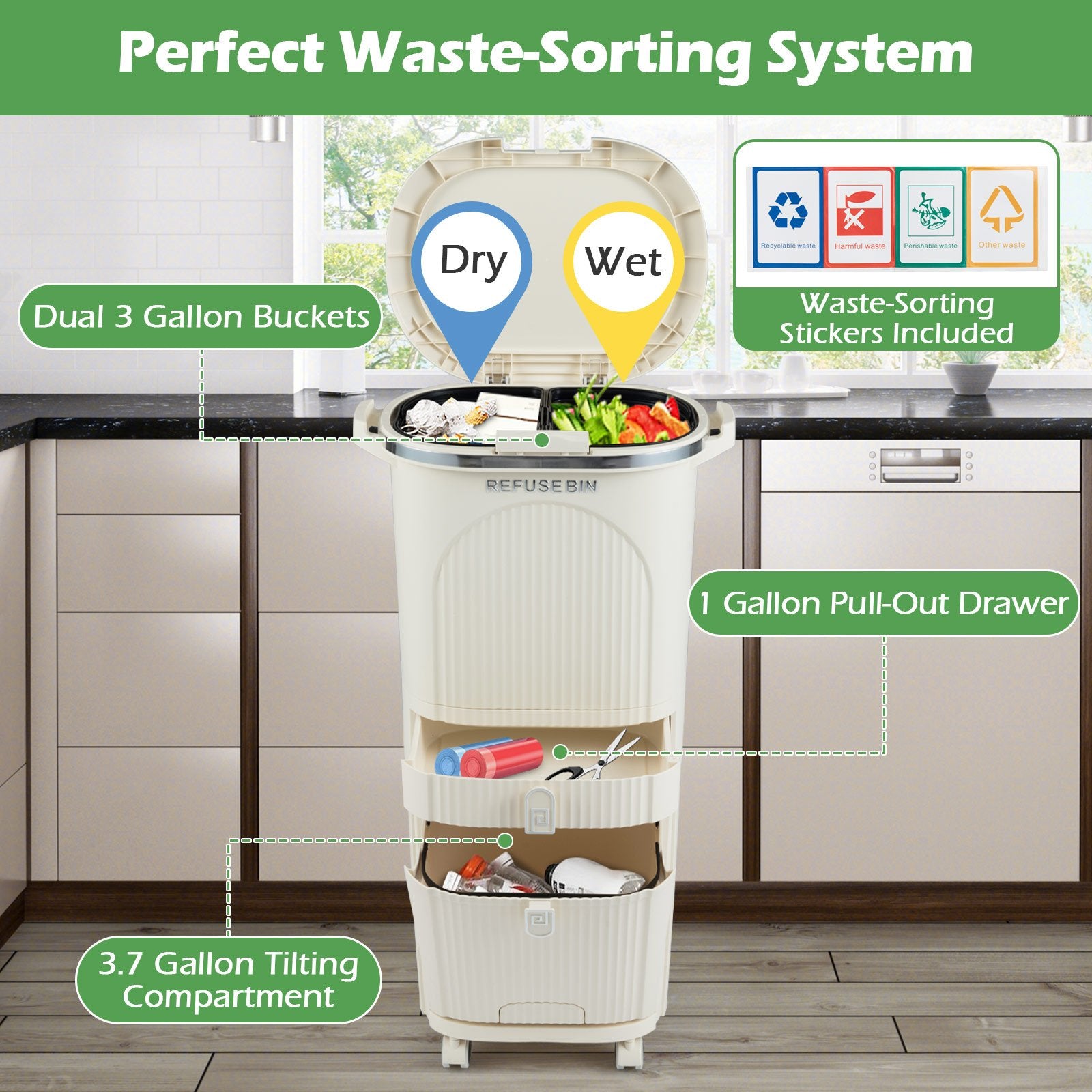 11 Gallon 3-Layer Kitchen Trash Can with Lid and 2 Removable Buckets, Beige Kitchen Trash Cans at Gallery Canada