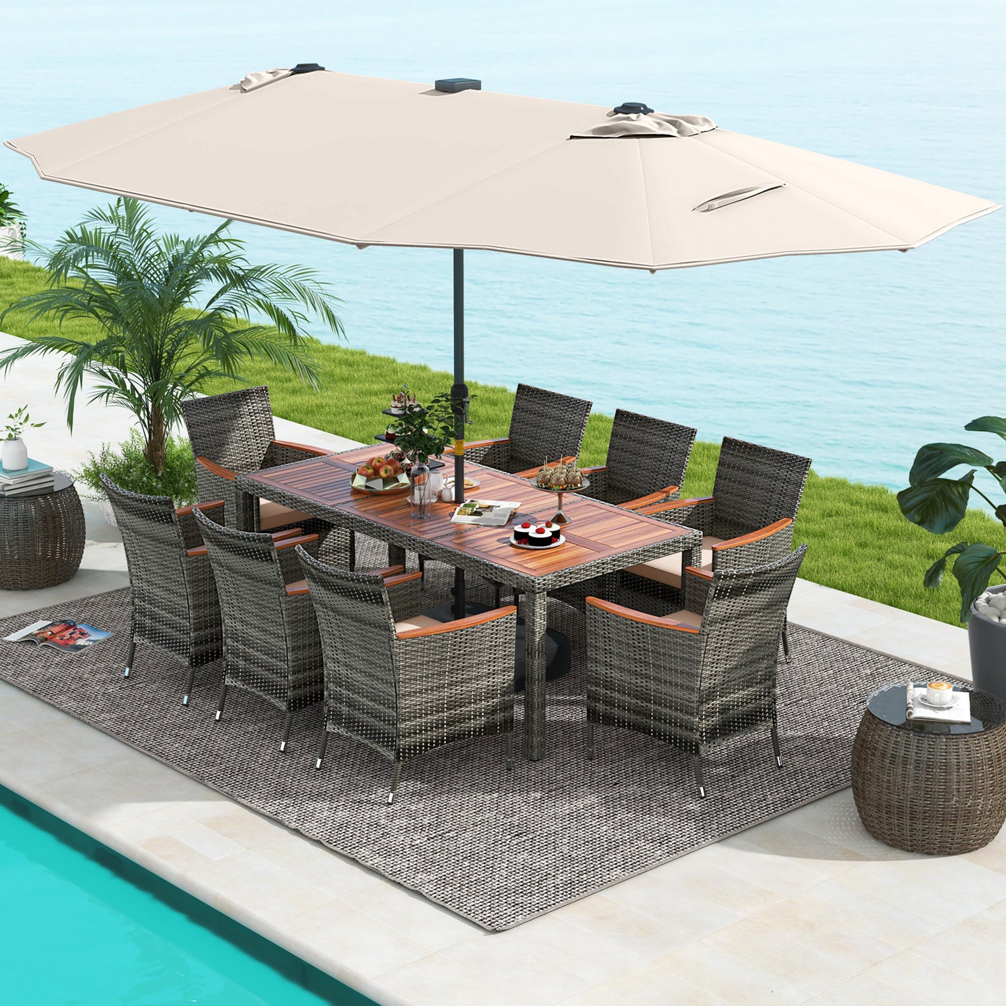 11 Pieces Patio Dining Set with 15 Feet Double-Sided Patio Umbrella Base Included, Beige Patio Furniture Sets at Gallery Canada